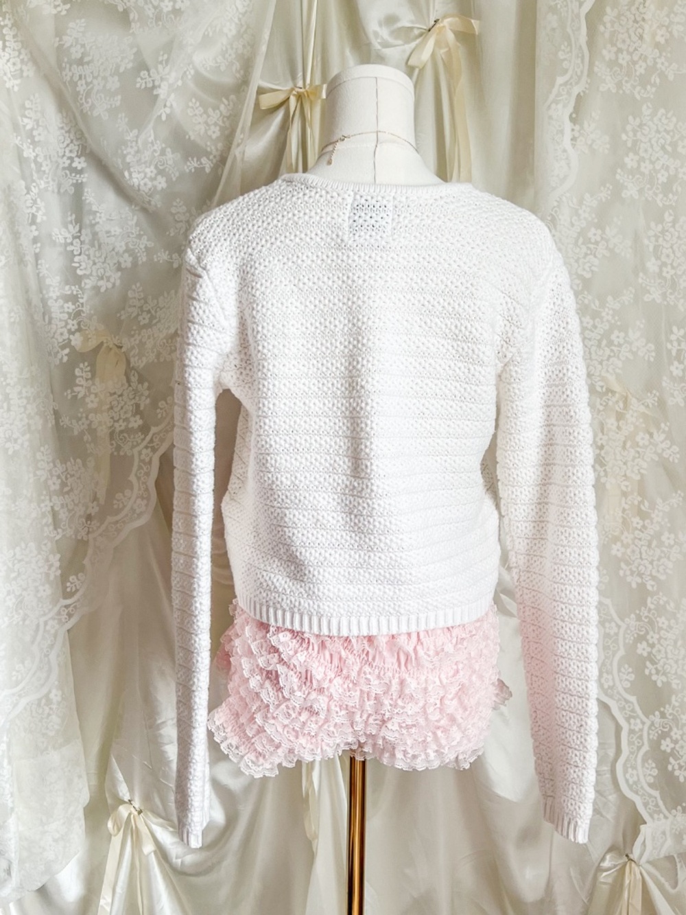 Ribbon Lace-Up Cream Cotton Cottagecore Sweater Cardigan - Picture 3 of 5